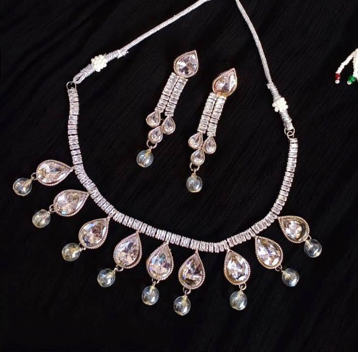 Elegant Gold Plated Fancy Necklace Set with American Diamond Stones for Women