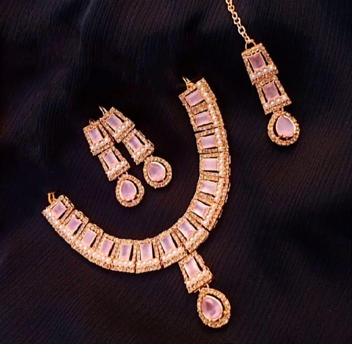 Elegant Fancy Gold Plated Necklace Set with White Stones - 3 Pieces Adjustable Design in Pink